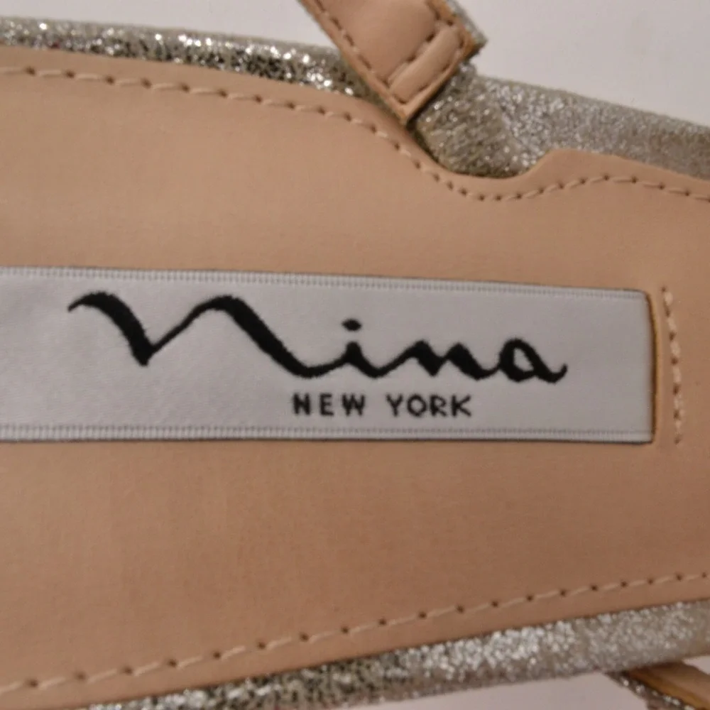 Nina New York Womens Sparkle Strappy Slingback Heels 10 Silver Leather NEW